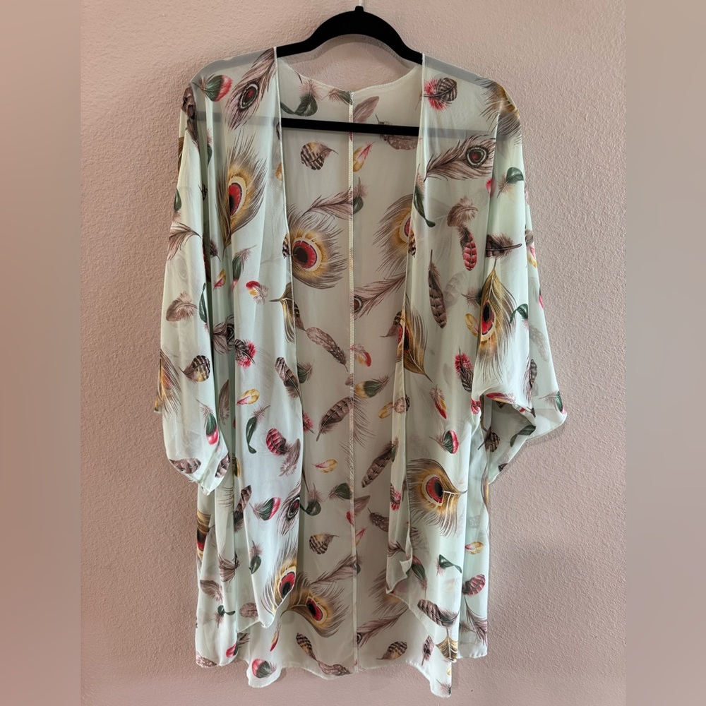 Sheer Feather Print Kimono - Mint
